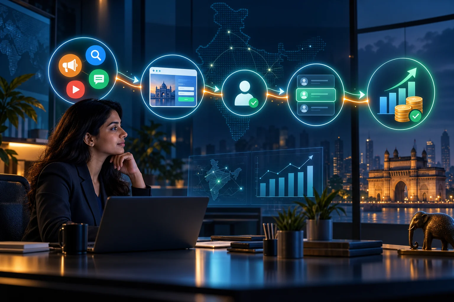 Indian analyst mapping marketing touchpoints to CRM opportunities and revenue