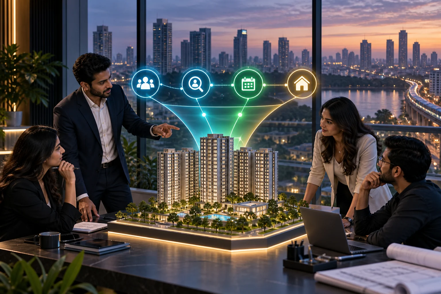 Indian real estate marketing team reviewing lead quality and property enquiries