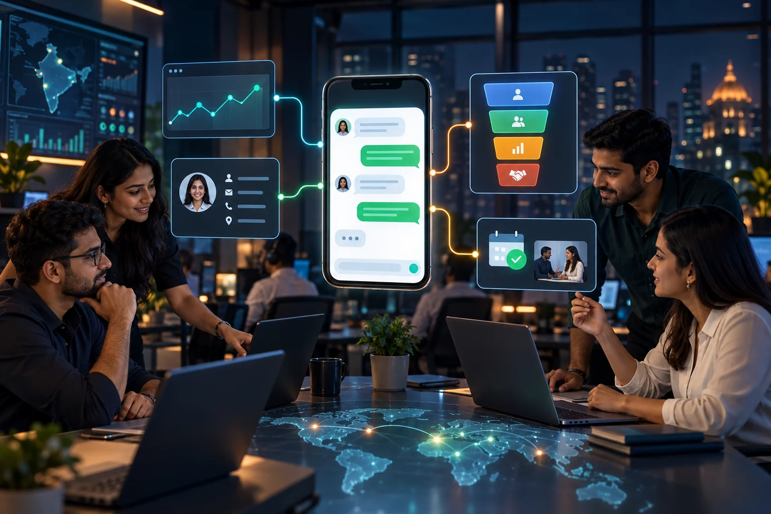 Indian team connecting messaging conversations with analytics CRM and appointments