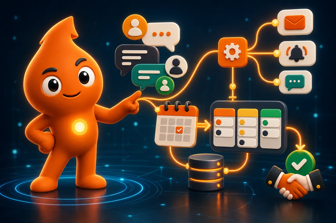 GrowthSparx mascot orchestrating an automated messaging and CRM workflow