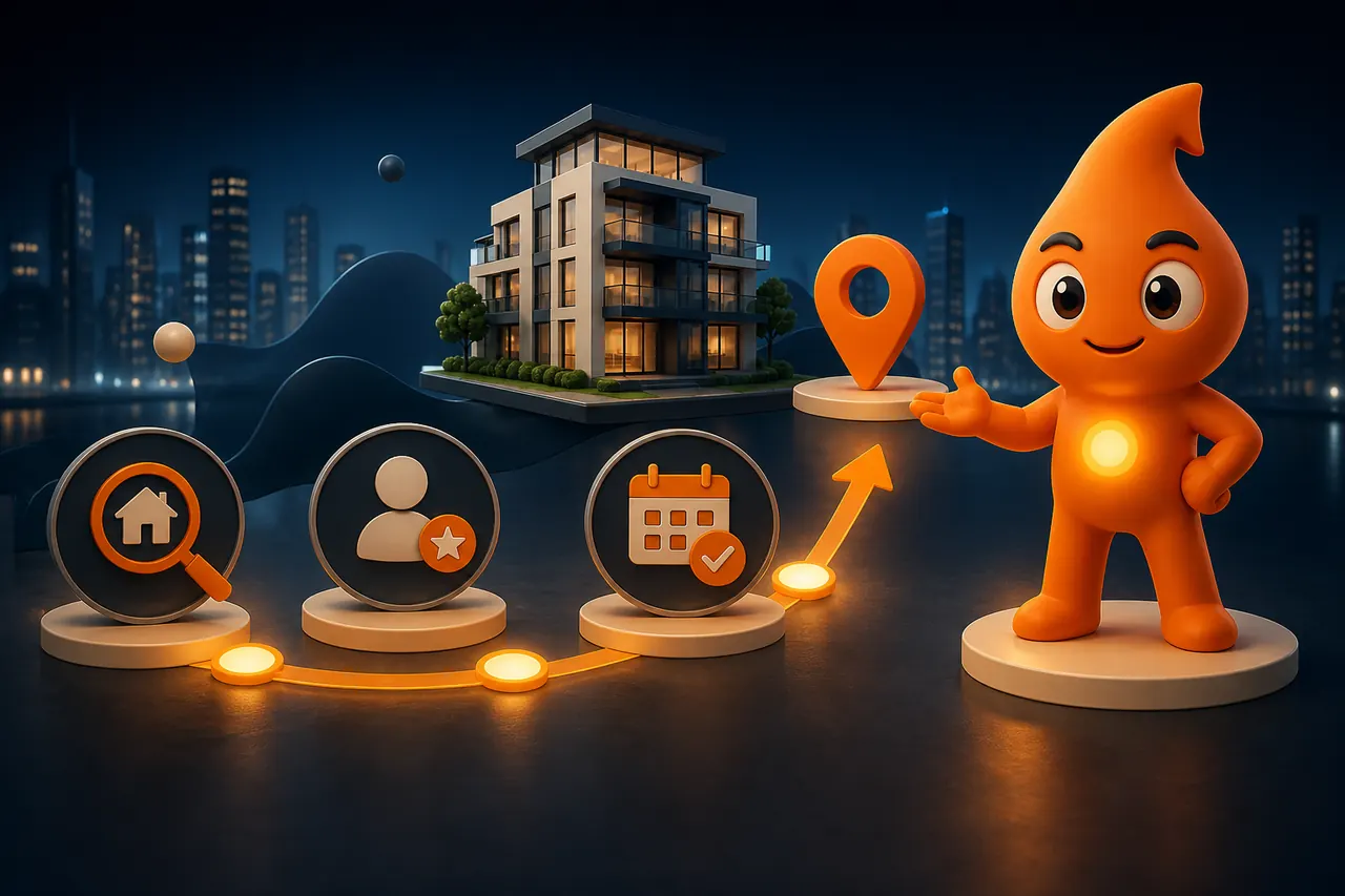 GrowthSparx mascot guiding a qualified real-estate site-visit journey